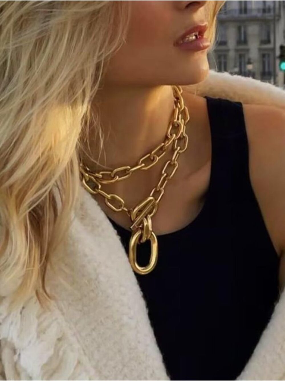 Chunky Gold Tone Layered Necklace Adjustable Long Statement Jewelry